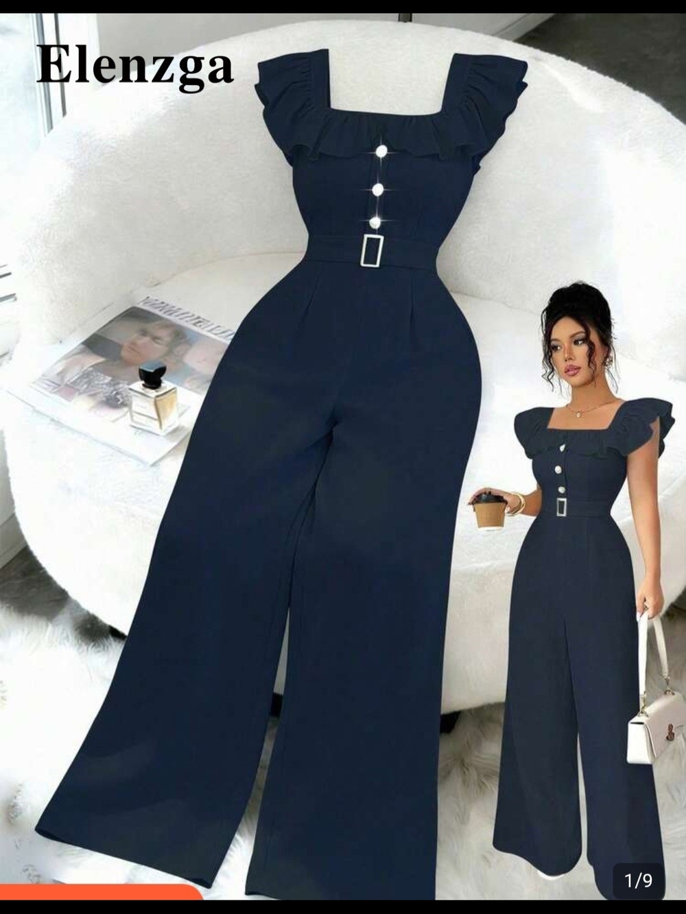 Navy Ruffle Square-Neck Wide-Leg Jumpsuit